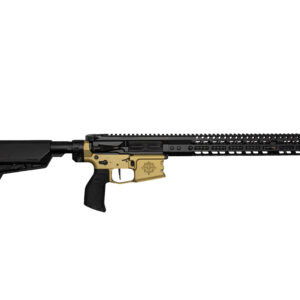 AR-15–style semi-automatic rifle with a black upper and tan lower receiver and a long mounting rail system, laid horizontally on a white background