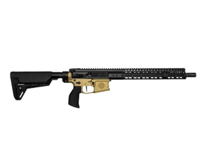 AR-15–style semi-automatic rifle with a black upper and tan lower receiver and a long mounting rail system, laid horizontally on a white background