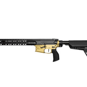 Full-length modern assault rifle with a black quad-rail handguard, tan lower receiver, and adjustable stock.