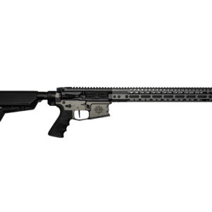 Black modern sporting rifle with an adjustable stock and long quad-rail handguard, pictured side view on white background