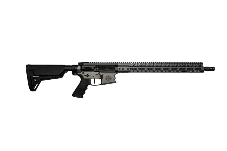 Black modern sporting rifle with an adjustable stock and long quad-rail handguard, pictured side view on white background