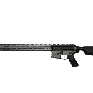 Side view of a black AR-style rifle with a long Picatinny rail and collapsible stock on a white background.