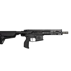 Black semi-automatic rifle aired on white background with collapsible stock and long rail system
