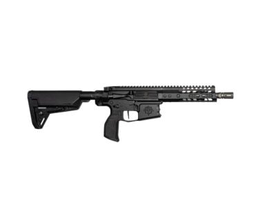 Black semi-automatic rifle aired on white background with collapsible stock and long rail system