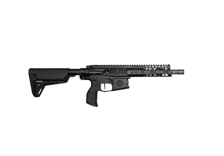 Black semi-automatic rifle aired on white background with collapsible stock and long rail system