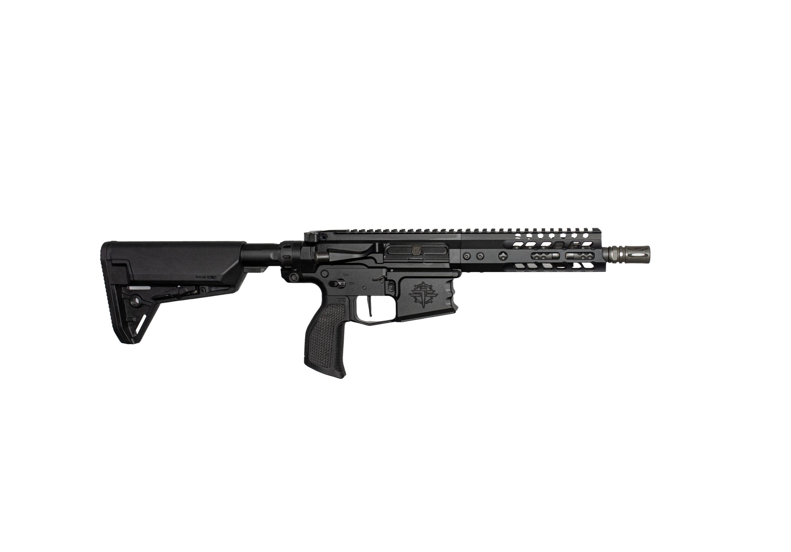 Black semi-automatic rifle aired on white background with collapsible stock and long rail system