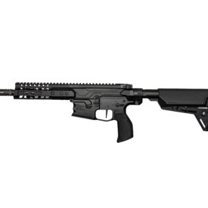Side view of a black modern rifle with a tactical handguard and adjustable stock, shown horizontally on a white background.