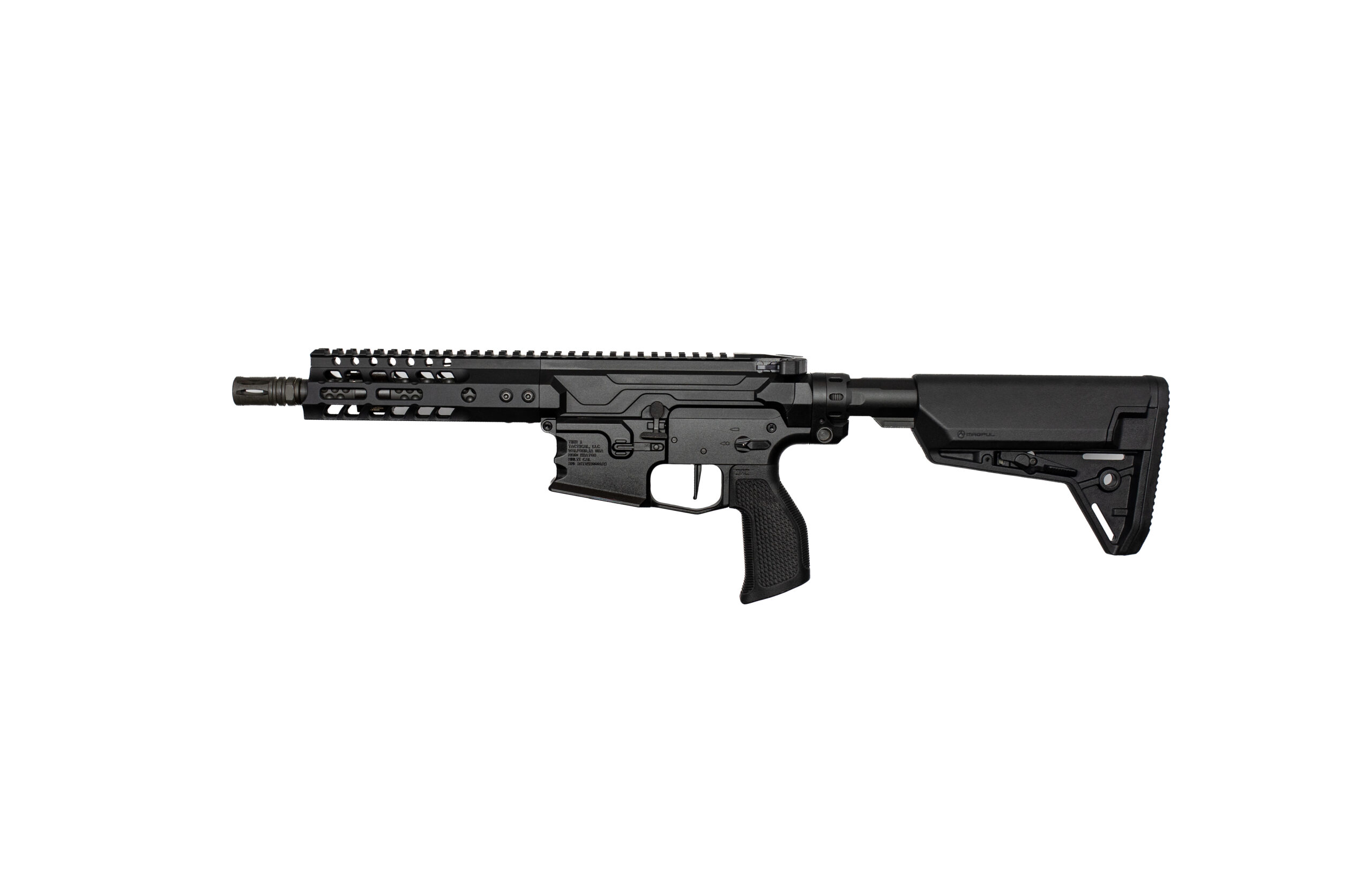 Side view of a black modern rifle with a tactical handguard and adjustable stock, shown horizontally on a white background.