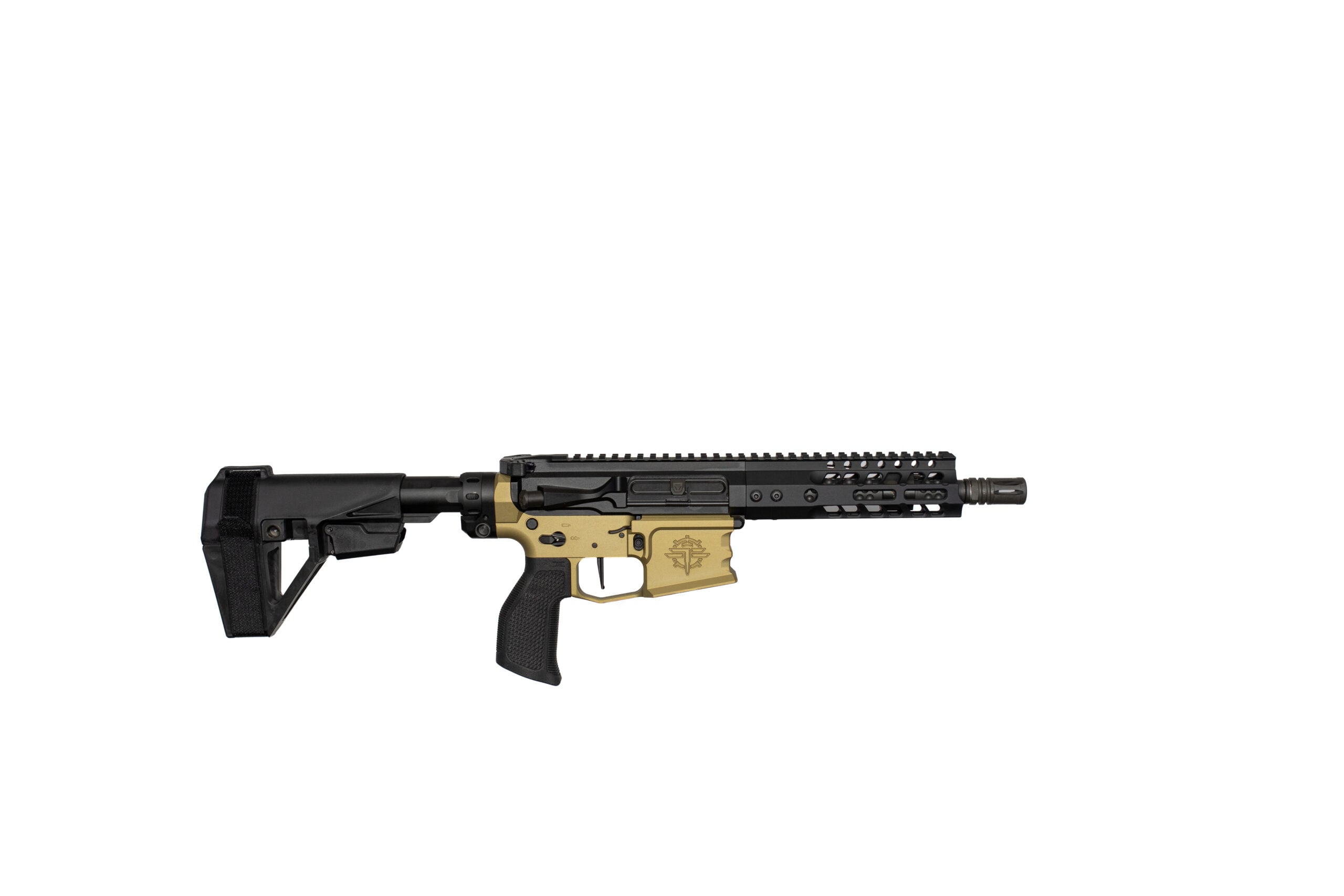 A modern tactical rifle with a black stock and a tan lower receiver, laying horizontally across the lower portion of the image, showing a long rail and grip area.
