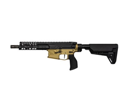 AR-style rifle with a black upper receiver and gold-colored lower receiver, extended free-floating handguard, and adjustable stock.