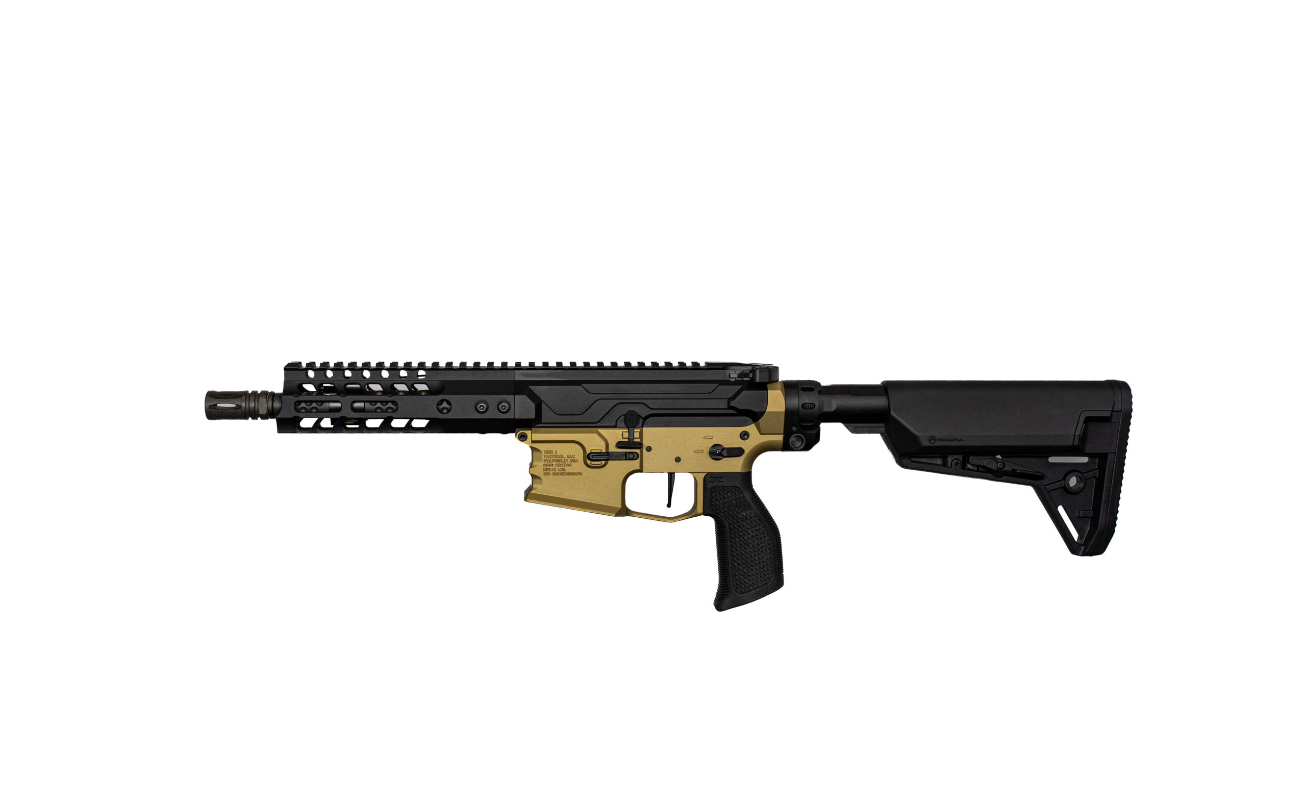 AR-style rifle with a black upper receiver and gold-colored lower receiver, extended free-floating handguard, and adjustable stock.