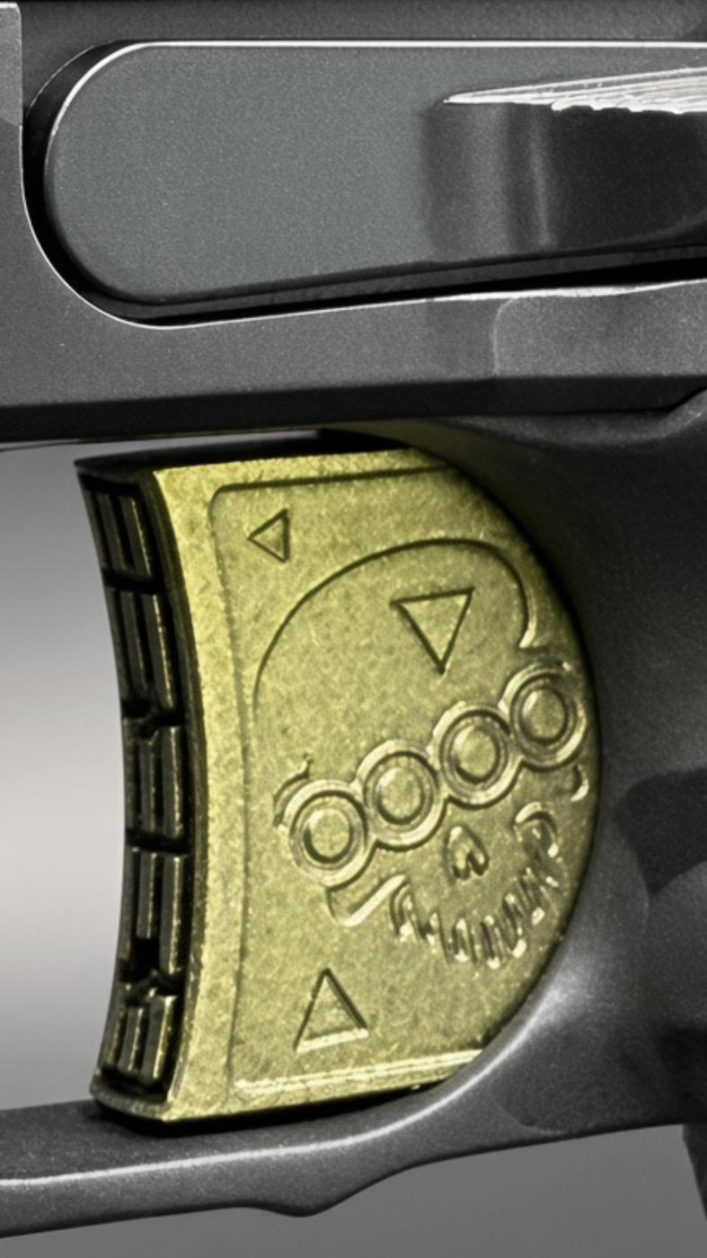 Close-up of a gold-toned combination dial on a dark metal lock, showing circular knobs and triangular direction markers.